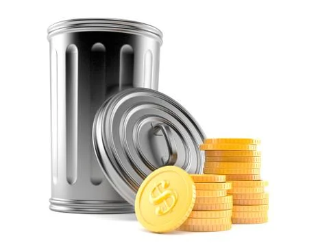 Trash can with stack of coins 스톡 일러스트