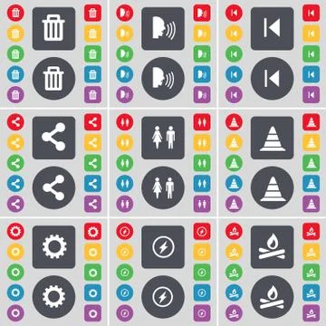 Trash can, Talk, Media skip, Share, Silhouette, Cone, Gear, Flash, Campfire icon Stock Illustration