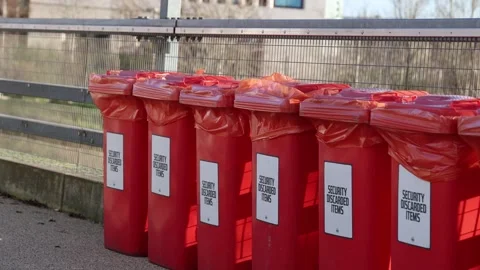 Trash cans for forbidden items, event security discarded items Stock Footage 332397844