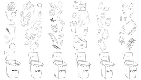 Trash cans with sorted garbage set. Different types of garbage: Organic, Plas Stock Illustration