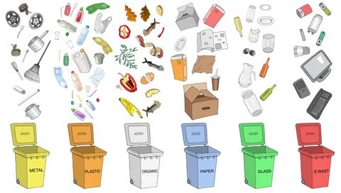 Trash cans with sorted garbage set. Different types of garbage: Organic, Plas Stock-Illustration