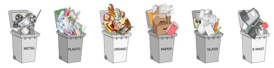 Trash cans with sorted garbage set Stock Illustration