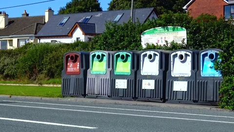 Trash cans for sorting garbage, on the streets of Ireland Stock Footage 230166565