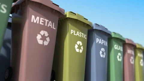 Trash cans for sorting paper, glass, metal and plastic garbage. Loopable Stock Footage 109020437