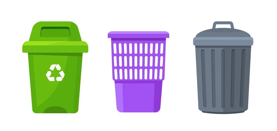 Trash container bin icon. Garbage can metal recycle basket box for trash waste Stock Illustration