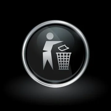 Trash disposal bin icon inside round silver and black emblem Stock Illustration