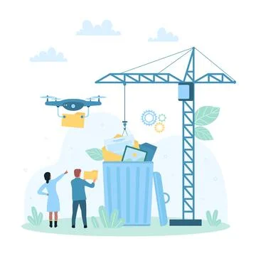 Trash file cleaning software, tiny people throw data files, documents to basket Stock Illustration