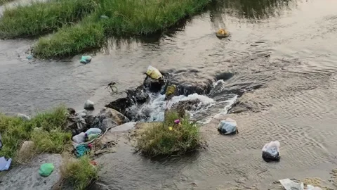 Trash Floating in Polluted Stream With Small Waterfall Stock Footage 330325973