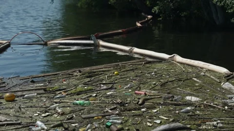 Trash floating in a river Video stock 326967449