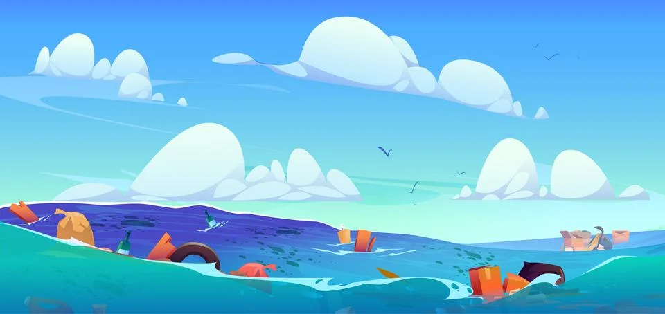 Trash floating on water surface in open sea Stock Illustration