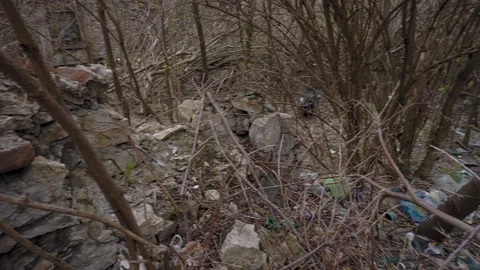 Trash in the forest in the old falling apart building from a horror movie Stock Footage 106153836
