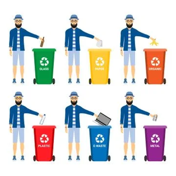 Trash in garbage cans with sorted garbage vector icons. Recycling garbage Stock Illustration