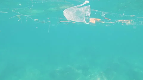 Trash garbage in the ocean waters, plastic cup littering sea, rubbish pollution Stock Footage 167509013