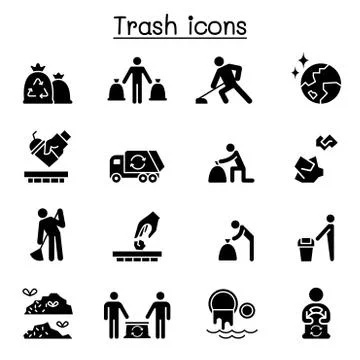 Trash, garbage, rubbish, dump, refuse icon set Stock Illustration