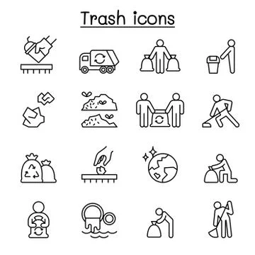 Trash, garbage, rubbish, dump, refuse icon set in thin line style Illustrazione stock