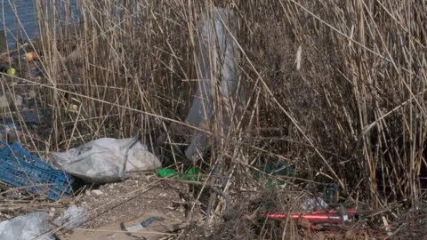 Trash in Grass by the River Stock Footage 306199112