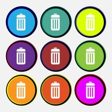 The trash icon sign. Nine multi colored round buttons. Vector 스톡 일러스트