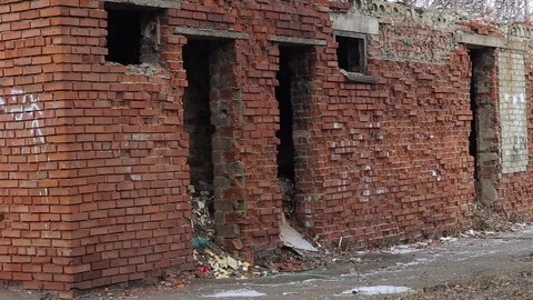 Trash inside abandoned building. Exterior. Stock Footage 70604262