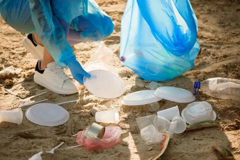 Trash keeper or garbage on the beach. Stock Photos