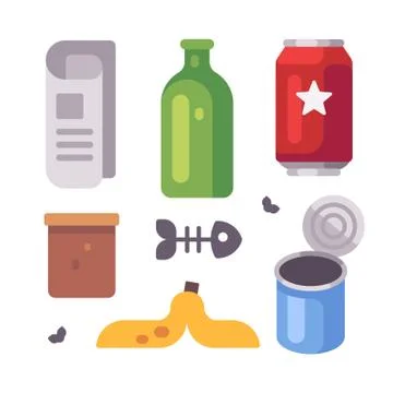 Trash objects set. Newspaper, glass bottle, tin cans, banana peel flat icons Stock Illustration