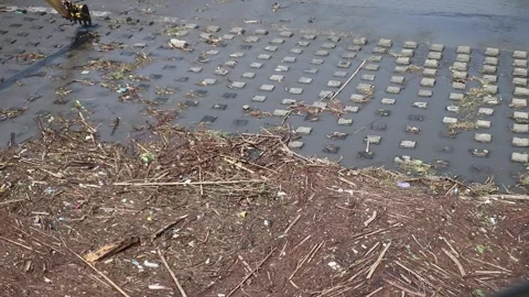 Trash obstructs river flow and damages bridge construction Stock Footage 337976217