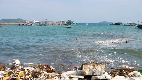 Trash, plastic, garbage, bottle... on the beach Stock Footage 94590480