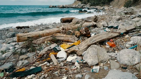 Trash, plastic, garbage, environmental pollution in ocean seashore Stock Footage 111354473