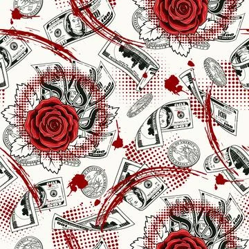 Trash polka pattern with flying dollar banknotes 库存插图