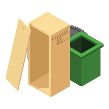 Trash recycling icon isometric vector. Worn car tire and pasel box near dumpster Stock Illustration