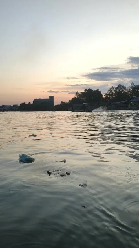 Trash in the river Video stock 213549552