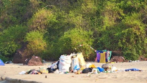Trash scattered on the beach Stock Footage 265877139