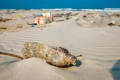Trash on the sea beach. ecological problem. Environmental pollution. Stock Photos