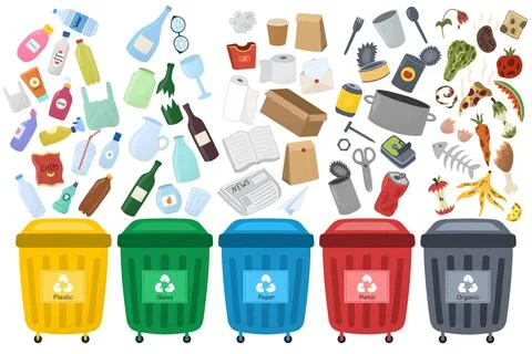Trash sorting set with recycling bins. Waste sorting collection with containers Stock Illustration