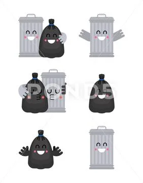Trashcan and garbage bag friends. Trash can and black sack couple. rubbish Ro Stock Illustration