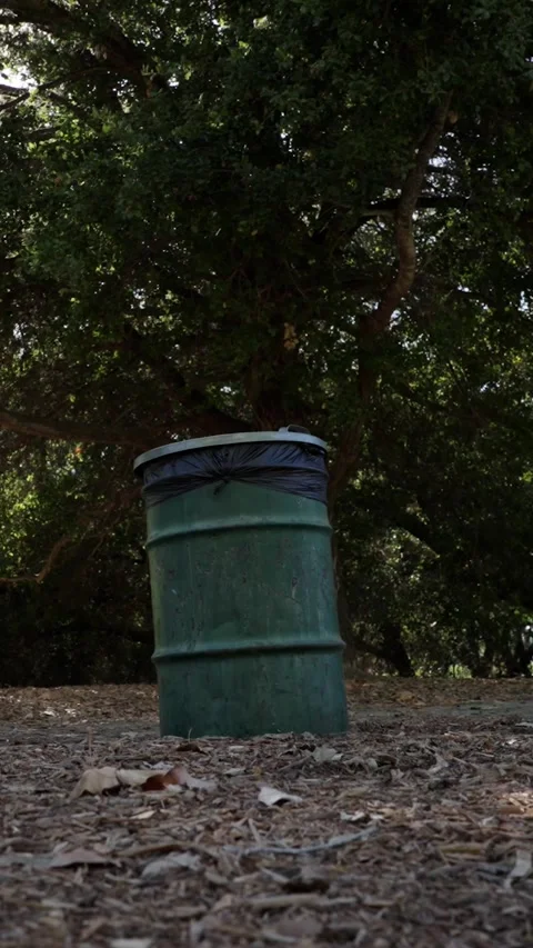 Trashcan in wilderness low tracking shot vertical video Stockbeeldmateriaal 289695433