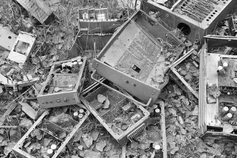 Trashed computer equipment lies on the ground in the Chernobyl Exclusion Zone Stock Photos