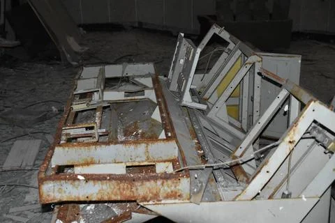 Trashed computers inside a building at Chernobyl Stock Photos