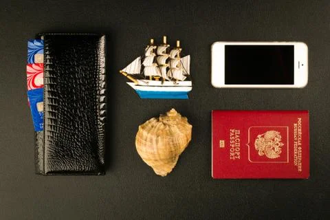 Travel accessories on black background Stock Photos