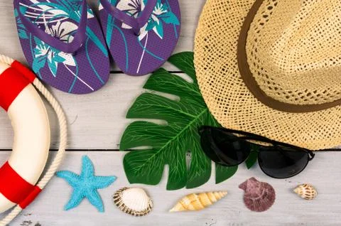 Travel accessories with empty space for text. Travel vacation concept. Summer Stock Photos