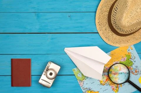 Travel accessories with empty space for text. Travel vacation concept. Summer Stock Photos