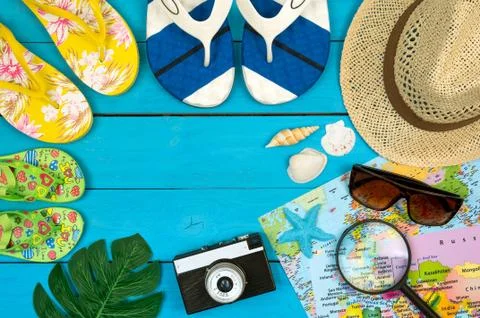 Travel accessories with empty space for text. Travel vacation concept. Summer Stock Photos