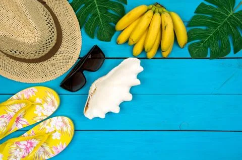 Travel accessories with empty space for text. Travel vacation concept. Summer Stock Photos