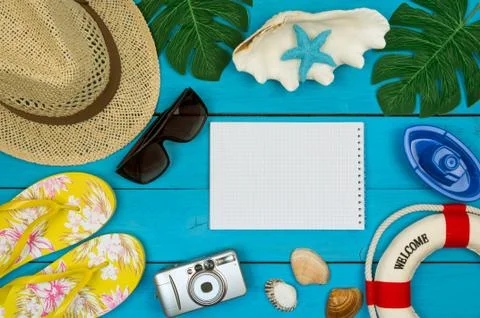 Travel accessories with empty space for text. Travel vacation concept. Summer Foto stock