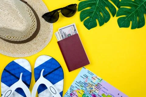 Travel accessories with empty space for text. Travel vacation concept. Summer Stock Photos