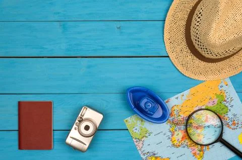 Travel accessories with empty space for text. Travel vacation concept. Summer Stock Photos