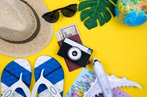 Travel accessories with empty space for text. Travel vacation concept. Summer Stock Photos