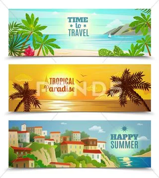 Travel agency tropical paradise vacation banners set Stock Illustration