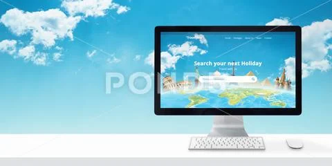 Travel agency web site on a computer display. Free space beside for text. Stock Photos
