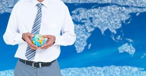 Travel agent mid section holding globe against map with clouds and blue Stockillustratie
