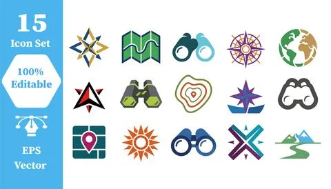 Travel and navigation icon set for adventure and exploration with navigation Stock Illustration